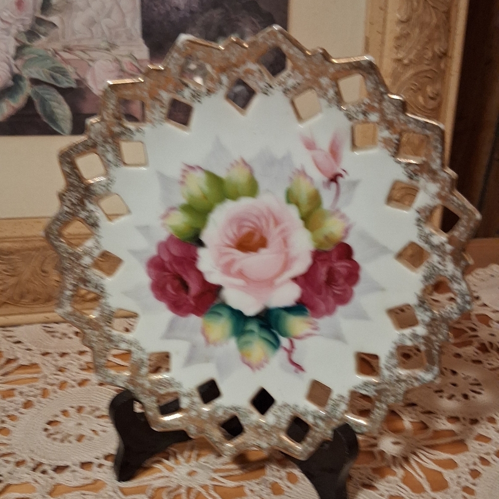 Floral Decorative Plate with Gold Accents